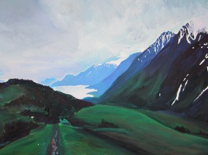 Lost Lake in Purple--showing the view back into Seward on a cloudy day. Acrylic on canvas.