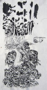 My sister turning over the garden beds last spring. Ink on canvas.