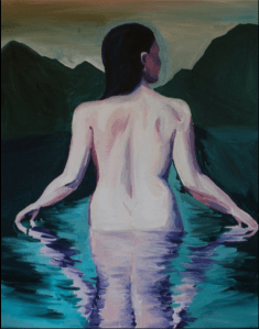 Taking a swim while on a camping trip in one of the out-of-the-way tarns. Acrylic on canvas.