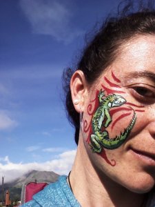 I face painted an iguana on Aubrey on Saturday--it lasted well through the day with only a little smudging during dancing!