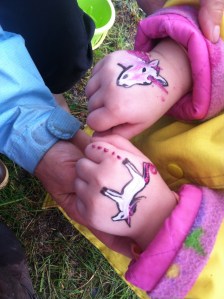 She wanted a daddy unicorn and a baby unicorn on each hand. Too cute.  