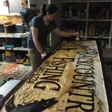 Sarah Glaser's sign for Chugach Backcountry Fishing in Moose Pass, Alaska