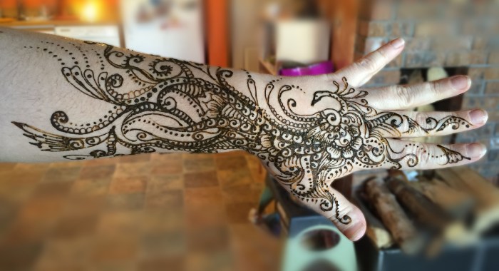 Sarah Glaser arm henna of peacock during Anchorage Alaska birthday party.