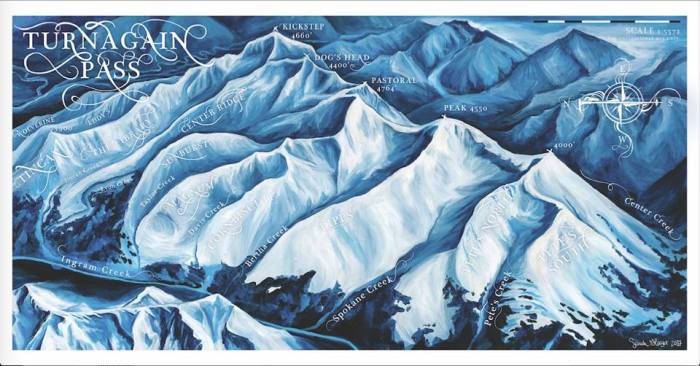 Map of ski and snowboard common names in non-motorized area of Turnagain Pass Alaska. Names are mostly taken from the CNFAIC book and surrounding topographic areas. Turnagain Pass is located along the Seward Highway between Anchorage and Seward, south of Girdwood by 45 minutes. With much appreciation to the Chugach National Forest Avalanche Information Center for keeping this area safe and all of us informed!